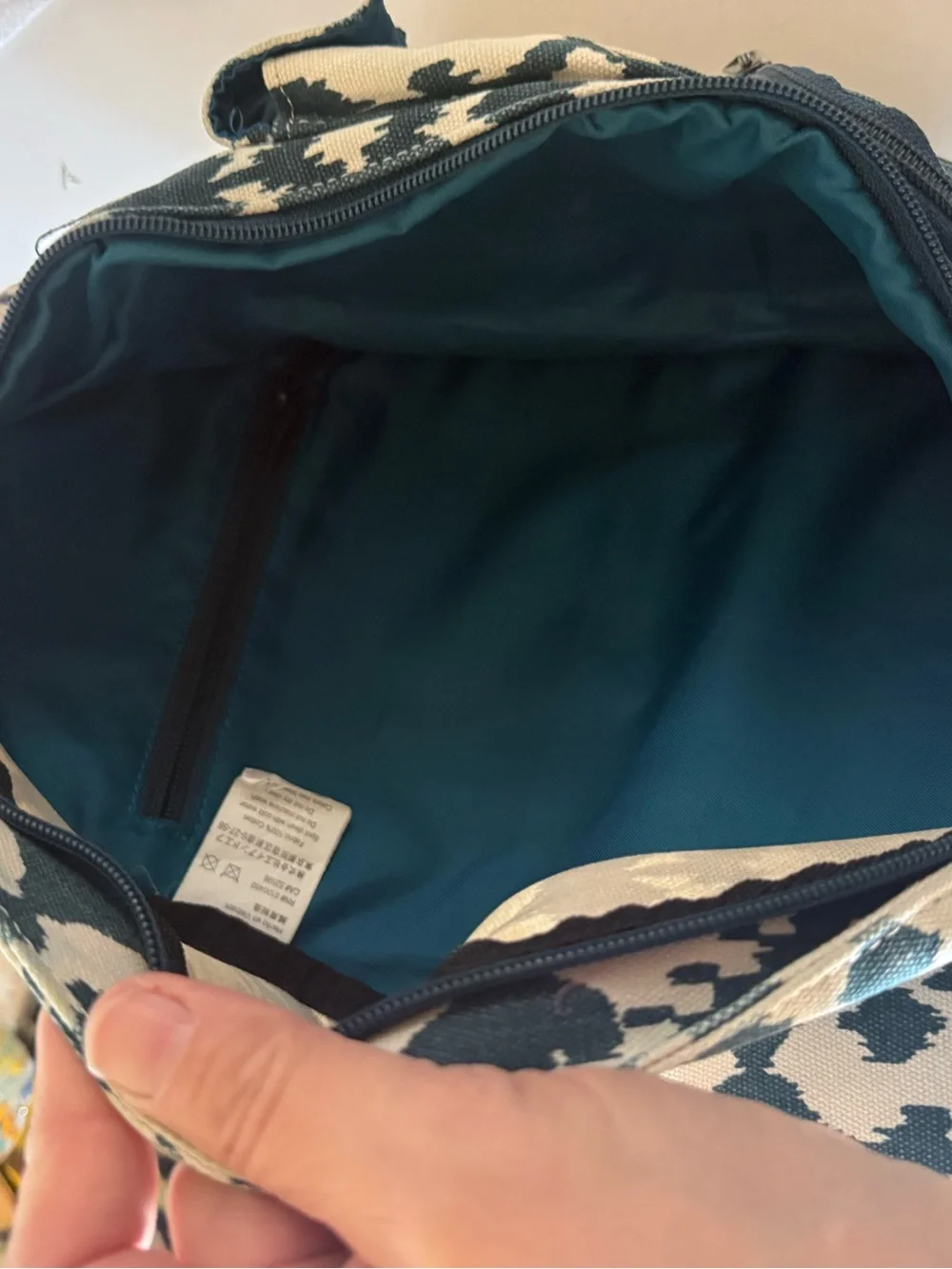 Kavu Teal and White Ikat Rope Sling Backpack